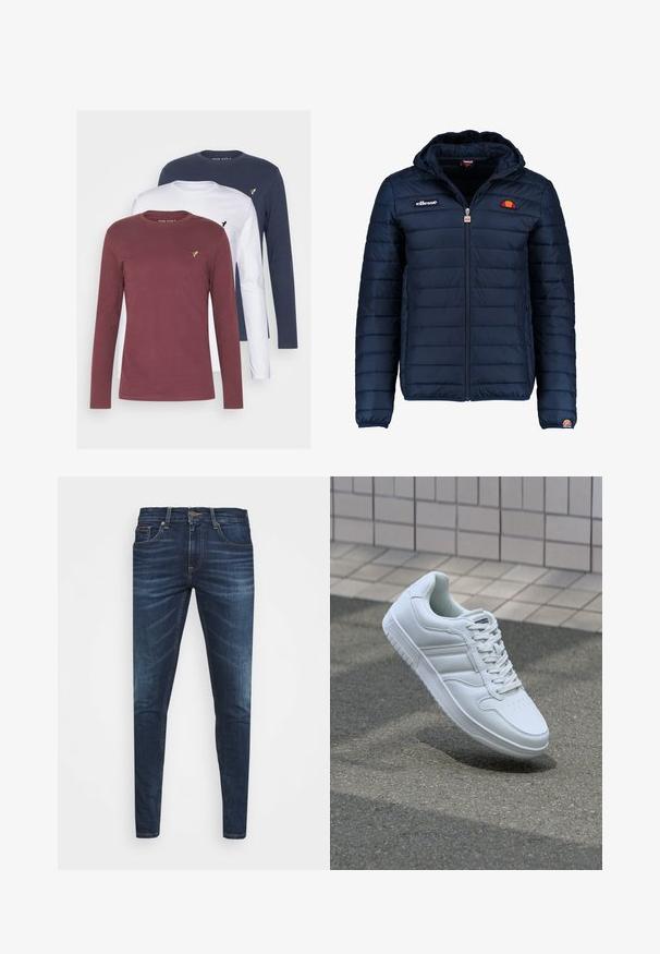 Jachetă puffer de culoare bleumarin, cu glugă, închidere cu fermoar, cusături în canale și detalii cu logo pe piept și pe mânecă. Material moale, texturat.; Trei tricouri cu mânecă lungă, în culorile vișiniu, alb și bleumarin. Fiecare are un gât rotund și un mic logo brodat pe piept.; Jeans din denim de culoare albastră închisă, cu o croială slim, ușor decolorate, cinci buzunare și închidere cu buton metalic. Detalii cusute în culori contrastante.; Adidași albi pentru sport cu superior din piele netedă, sistem de șireturi în față, vârf perforat și talpă cu model. Design minimalist cu trei dungi laterale.