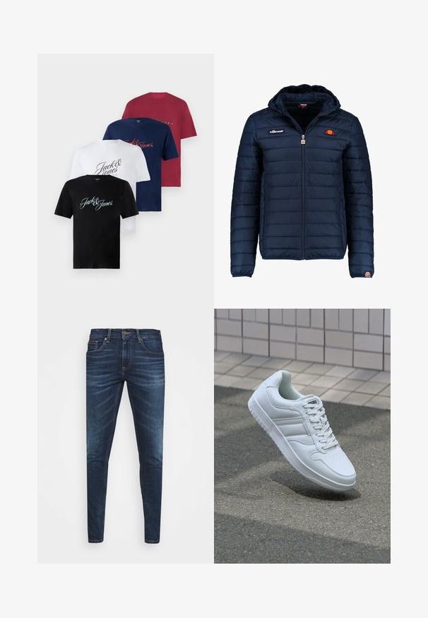 Tengerészkék puffos dzseki kapucnival, cipzáras záródással, csatorna varrással, és logóval díszített mellkassal és ujjakkal. Puha, texturált anyag.; Négy rövid ujjú pamut póló fekete, fehér, tengerészkék és burgundi színekben. Mindegyiken a "Jack & Jones" felirat különböző betűtípusokkal van nyomtatva a elülső részen.; Sötétkék farmernadrág, testhezálló fazonnal, finom áttűnéssel, öt zsebbel és fémből készült gombzárral. Kontrasztos színű varrási díszítések.; Fehér sportcipő sima bőr felsőrésszel, fűzős elülettel, perforált orral és mintázott talppal. Minimalista dizájn három oldalsávval.