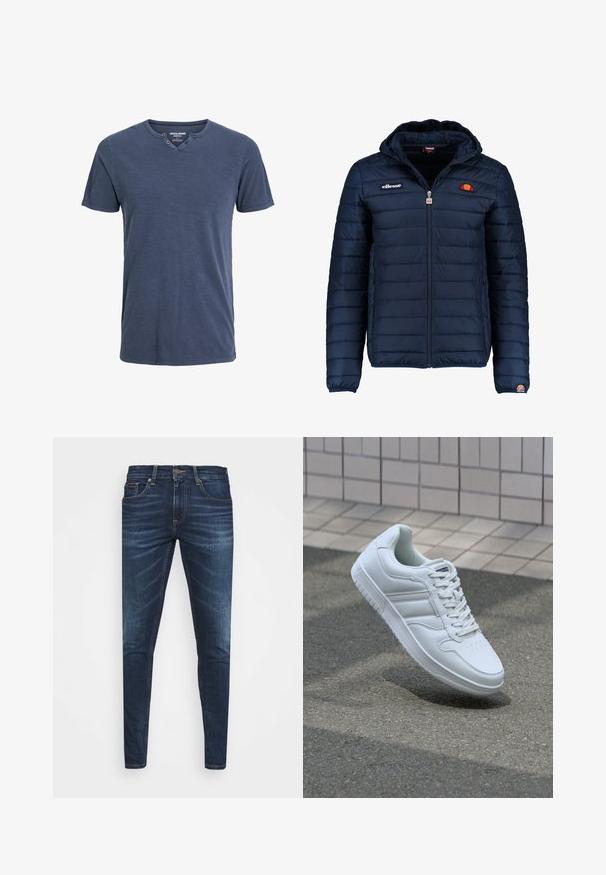 Dunkelblaue Daunenjacke mit Kapuze, Reißverschluss, Kastensteppnähten und Logo-Akzenten auf der Brust und dem Ärmel. Weicher, strukturierter Stoff.; Dunkelblaues T-Shirt mit kurzen Ärmeln aus weichem Stoff, mit einem V-Ausschnitt und zwei Knopfdetails auf einer Seite sowie einer lässigen Passform.; Dunkelblaue Jeans im Slim Fit mit subtiler Verwaschung, fünf Taschen und einem Metallknopfverschluss. Genähte Akzente in kontrastierender Farbe.; Weiße sportliche Sneaker mit Obermaterial aus glattem Leder, Schnürfront, durchlöchtem Zehenbereich und gemusterter Sohle. Minimalistisches Design mit drei Seitenstreifen.