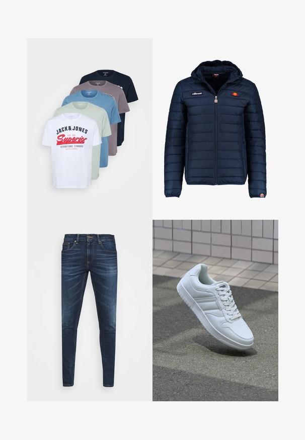 Temno modra napihnjena jakna s kapuco, z zadrgo, kanalnim šivom in logotipom na prsih in rokavu. Mehka, teksturirana tkanina.; Pet majice zložene v vrsto. Barve vključujejo belo, svetlo zeleno, modro, sivo in mornarsko. Na beli majici je napisan besedilo. Okrogli ovratniki, kratki rokavi.; Temno modri kavbojke ozkega kroja, s subtilnim bledenjem, petimi žepi in kovinskim zapiranjem na gumb. Oštrikanje z akcenti v kontrastni barvi.; Bela atletska teniska obutev z gladkim usnjenim zgornjim delom, vezanjem spredaj, perforiranim prstom in vzorčastim podplatom. Minimalistična zasnova s tremi stranskimi črtami.