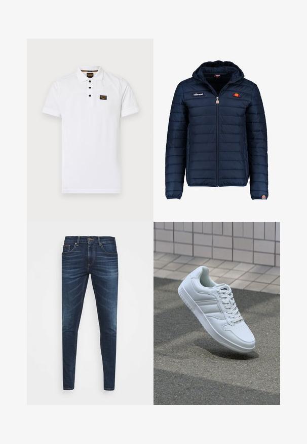 Námornícky modrá prešívaná bunda s kapucňou, zipsom, kanálovým prešívaním a logovými akcentmi na hrudi a rukáve. Mäkkučká, textúrovaná tkanina.; Biela polo košeľa vyrobená z textúrované bavlny, s trochou gombíkov na zapínanie, krátkymi rukávmi a čiernym logom na hrudi.; Tmavomodré džíny s úzkym strihom, jemným opotrebovaním, piatimi vreckami a kovovým zapínaním. Šité akcenty v kontrastnej farbe.; Biele atletické tenisky s hladkým koženým zvrškom, šnurovaním vpredu, perforovanou špičkou a vzorovanou podrážkou. Minimalistický dizajn s tromi bočnými pruhmi.