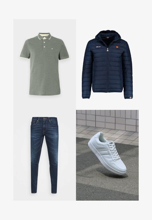 Námornícky modrá prešívaná bunda s kapucňou, zipsom, kanálovým prešívaním a logovými akcentmi na hrudi a rukáve. Mäkkučká, textúrovaná tkanina.; Tmavozelená polo tričko vyrobené z textúrovanej tkaniny, s krémovou farbou goliera a okrajov rukávov, a malým logom na hrudi.; Tmavomodré džíny s úzkym strihom, jemným opotrebovaním, piatimi vreckami a kovovým zapínaním. Šité akcenty v kontrastnej farbe.; Biele atletické tenisky s hladkým koženým zvrškom, šnurovaním vpredu, perforovanou špičkou a vzorovanou podrážkou. Minimalistický dizajn s tromi bočnými pruhmi.