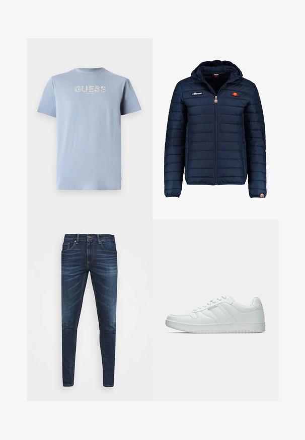 Mørkeblå puffjakke med hætte, lynlåslukning, kanalstyret syning og logo-detaljer på brystet og ærmet. Blødt, struktureret stof.; Lyseblå bomulds t-shirt med korte ærmer, rund hals, med et hvidt logo print "GUESS EST. 1981" på forsiden. Glat tekstur.; Mørkeblå denim jeans med slim fit, subtil falming, fem lommer og metalknaplukning. Syede detaljer i kontrastfarve.; Hvide atletiske sko lavet af syntetisk materiale. Har en glat overflade, rund tå, snørebåndsdesign og stribede detaljer på siderne.