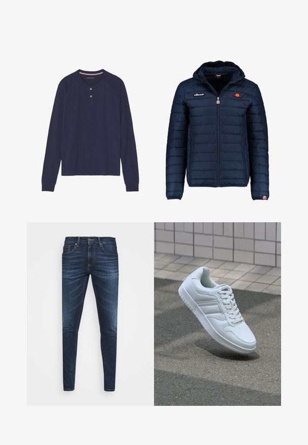 Tamsiai mėlynas pūkinis švarkas su gobtuvu, užtrauktuku, kanalų siuvimu ir logotipo akcentais krūtinėje bei rankovėje. Minkšta, tekstūruota medžiaga.; Tamsiai mėlynas ilgomis rankovėmis marškinėliai su apvaliu iškirpimu, dviem mygtukais ir įribuotais rankovės galiukais. Minkšta, tekstūruota medžiaga su raglan rankovėmis.; Tamsiai mėlynos džinsinės kelnės su liesu siluetu, subtiliu nusidėvėjimu, penkiomis kišenėmis ir metaliniu mygtuku užsegimui. Įsiūtos akcentai kontrastinga spalva.; Baltos sportinės kedai su lygaus odos viršumi, raišteliais priekyje, perforuotu kojų pirštu ir raštuotu padu. Minimalistinis dizainas su trimis šoninėmis juostelėmis.