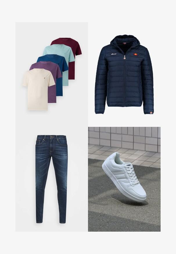 Casaco puffer azul marinho com capuz, fecho de correr, costura em canais e detalhes do logo no peito e na manga. Tecido macio e texturizado.; Cinco t-shirts de gola redonda em várias cores: bege, roxo, azul-petróleo, azul e burgundy. Cada um tem um pequeno logotipo no lado esquerdo do peito. Tecido de algodão.; Jeans de ganga azul escura com um corte slim, desbotamento suave, cinco bolsos e fecho com botão de metal. Detalhes costurados em cor contrastante.; Sapatilha desportiva branca com parte superior em couro liso, frente com atacadores, bico perfurado e sola padronizada. Design minimalista com três riscas laterais.