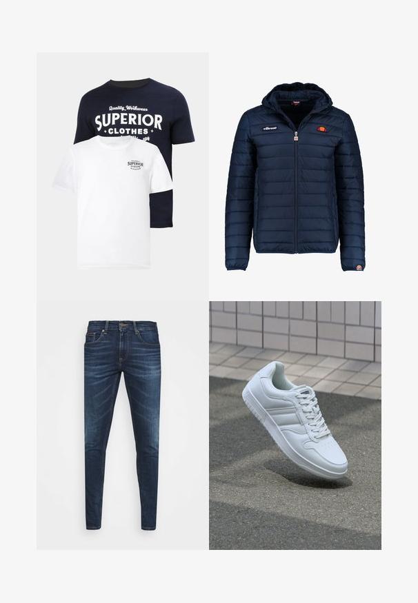 Marineblauwe gewatteerde jas met een capuchon, ritsluiting, kanalenstiksel en logoaccenten op de borst en mouw. Zachte, gestructureerde stof.; Twee t-shirts: een marineblauwe met witte grafische tekst "SUPERIOR CLOTHES," en een witte met een kleiner marineblauw logo. Beiden zijn van katoen en hebben een ronde hals.; Donkerblauwe denim jeans met een slim fit, subtiele vervaging, vijf zakken en een metalen knoopsluiting. Gestikte accenten in contrasterende kleur.; Witte sportsneaker met een glad leren bovenwerk, vetersluiting aan de voorkant, geperforeerde neus en een geprofileerde zool. Minimalistisch ontwerp met drie zijstrepen.
