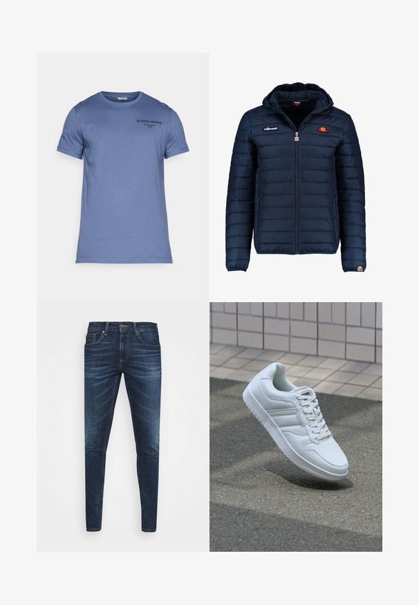 Casaco puffer azul marinho com capuz, fecho de correr, costura em canais e detalhes do logo no peito e na manga. Tecido macio e texturizado.; T-shirt azul de manga curta feito de um tecido macio. Apresenta um decote redondo e um logotipo impresso a preto na área do lado esquerdo do peito. Design simples.; Jeans de ganga azul escura com um corte slim, desbotamento suave, cinco bolsos e fecho com botão de metal. Detalhes costurados em cor contrastante.; Sapatilha desportiva branca com parte superior em couro liso, frente com atacadores, bico perfurado e sola padronizada. Design minimalista com três riscas laterais.