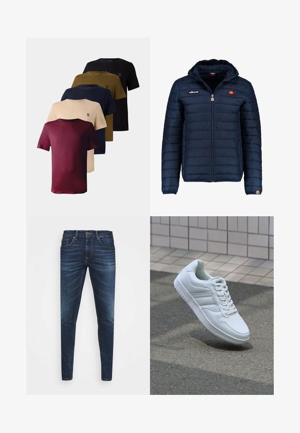 Námořnická modrá péřová bunda s kapucí, zipovým zapínáním, prošívaným vzorem a logem na hrudi a rukávu. Měkká, texturovaná látka.; Pět triček s krátkým rukávem v červené, béžové, námořnické modré, olivově zelené a černé barvě, s kulatým výstřihem a malým logem na hrudi.; Tmavě modré džíny z denimu s úzkým střihem, jemným vyblednutím, pěti kapsami a kovovým zapínáním na knoflík. Šité akcenty v kontrastní barvě.; Bílé sportovní tenisky s hladkým koženým svrškem, šněrovacím předním dílem, perforovanou špičkou a vzorovanou podrážkou. Minimalistický design se třemi bočními pruhy.
