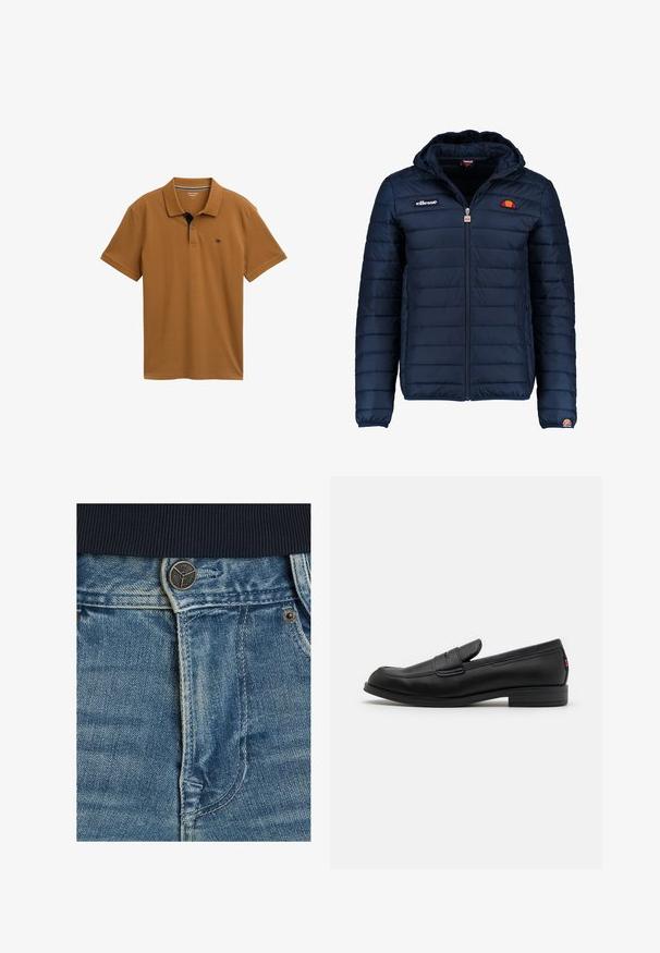 Veste matelassée bleu marine avec capuche, fermeture zippée, coutures en canaux et accents de logo sur la poitrine et la manche. Tissu doux et texturé.; Polo en coton lisse de couleur marron avec un col classique, une patte de boutonnage à trois boutons et un détail en marine contrastant sur le col.; Jean en denim présentant un lavage bleu clair, des coutures blanches contrastantes et une fermeture à bouton en métal à la taille. Gros plan sur la texture du tissu.; Mocassins en cuir noir avec une finition lisse, un bout arrondi et une petite flèche décorative. Dotés d'un petit talon empilé et d'un détail de marque subtil.