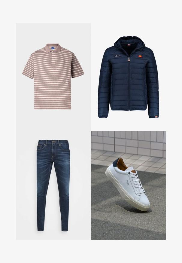 Veste matelassée bleu marine avec capuche, fermeture zippée, coutures en canaux et accents de logo sur la poitrine et la manche. Tissu doux et texturé.; Polo à rayures en rose pâle et blanc, à manches courtes, col avec patte de boutonnage à trois boutons, fabriqué en tissu texturé.; Jean en denim bleu foncé avec une coupe slim, décoloration subtile, cinq poches et une fermeture à bouton en métal. Accents cousus dans une couleur contrastante.; Sneaker en cuir blanc avec un talon bleu marine, bout rond et accents marron contrastés. Dispose de lacets plats et d'une semelle en caoutchouc texturée.