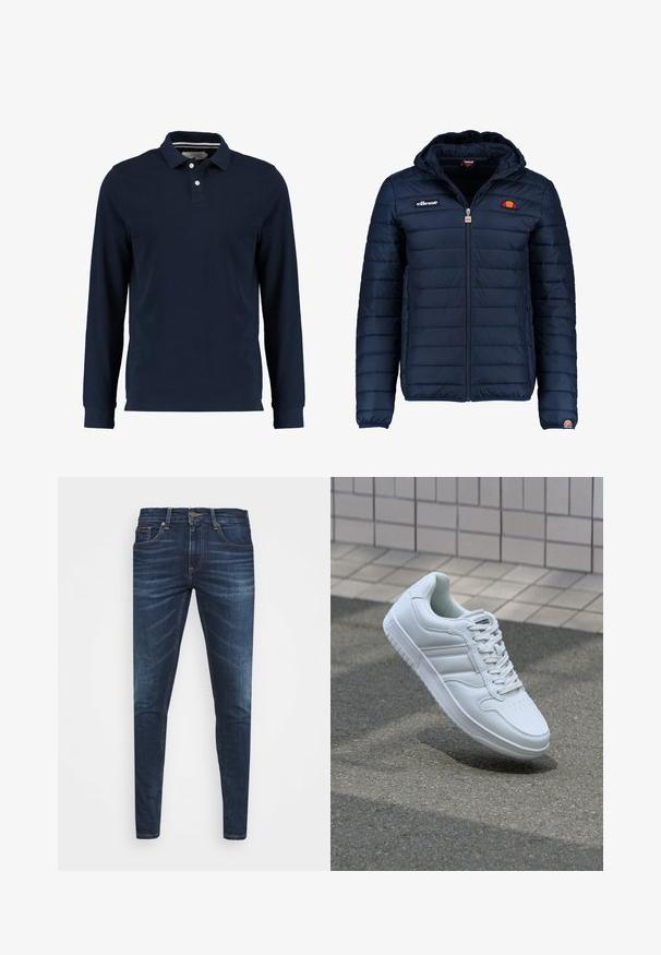 Casaco puffer azul marinho com capuz, fecho de correr, costura em canais e detalhes do logo no peito e na manga. Tecido macio e texturizado.; Polo de manga longa na cor azul marinho, feito de algodão, com colarinho clássico, patilha de dois botões e textura suave.; Jeans de ganga azul escura com um corte slim, desbotamento suave, cinco bolsos e fecho com botão de metal. Detalhes costurados em cor contrastante.; Sapatilha desportiva branca com parte superior em couro liso, frente com atacadores, bico perfurado e sola padronizada. Design minimalista com três riscas laterais.