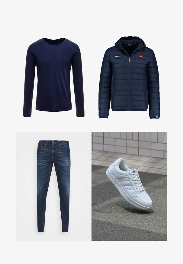 Marineblauwe gewatteerde jas met een capuchon, ritsluiting, kanalenstiksel en logoaccenten op de borst en mouw. Zachte, gestructureerde stof.; Marineblauwe longsleeve T-shirt van zacht katoen, met een klassieke ronde hals en een gladde textuur zonder zichtbare patronen of accenten.; Donkerblauwe denim jeans met een slim fit, subtiele vervaging, vijf zakken en een metalen knoopsluiting. Gestikte accenten in contrasterende kleur.; Witte sportsneaker met een glad leren bovenwerk, vetersluiting aan de voorkant, geperforeerde neus en een geprofileerde zool. Minimalistisch ontwerp met drie zijstrepen.