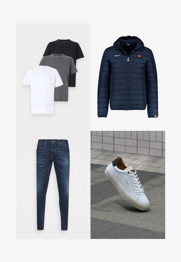 Tums zilā puffer jaka ar kapuci, rāvējslēdzēja aizdare, kanālu šuvēm un logotipa akcentiem uz krūtīm un piedurknēm. Mīksta, teksturēta auduma.; Trīs īsām piedurknēm T-krekli, sakārtoti vertikāli: balts, pelēks un melns. Katram ir apaļa kakla izgriezuma forma un gluda kokvilnas tekstūra.; Tumši zili džinsi ar šauru piegriezumu, ar vieglu izbalēšanu, piecām kabatām un metalizētu pogu aizdari. Šuvju akcenti kontrastējošā krāsā.; Baltas ādas čības ar tumši zilu papēdi, apaļu purngalu un kontrastējošām brūnām detaļām. Aprīkotas ar plakanu auklu un struktūrētu gumijas zoli.