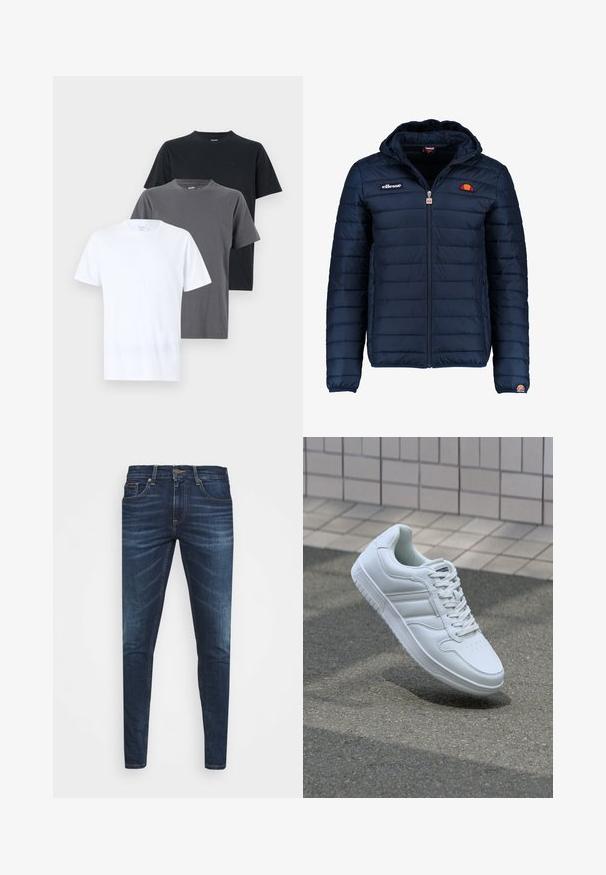 Jachetă puffer de culoare bleumarin, cu glugă, închidere cu fermoar, cusături în canale și detalii cu logo pe piept și pe mânecă. Material moale, texturat.; Trei tricouri cu mânecă scurtă aranjate vertical: alb, gri și negru. Fiecare are un decolteu rotund și o textură netedă din bumbac.; Jeans din denim de culoare albastră închisă, cu o croială slim, ușor decolorate, cinci buzunare și închidere cu buton metalic. Detalii cusute în culori contrastante.; Adidași albi pentru sport cu superior din piele netedă, sistem de șireturi în față, vârf perforat și talpă cu model. Design minimalist cu trei dungi laterale.