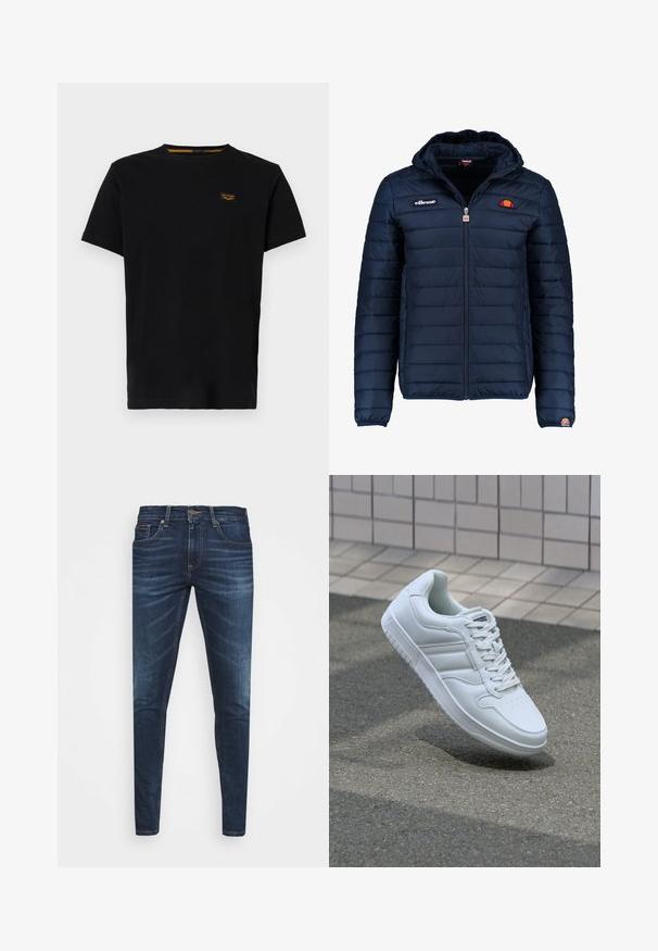 Temno modra napihnjena jakna s kapuco, z zadrgo, kanalnim šivom in logotipom na prsih in rokavu. Mehka, teksturirana tkanina.; Črna bombažna majica s kratkimi rokavi, okroglim izrezom in majhno označbo blagovne znamke v kontrastni rumeni barvi na levem prsnem predelu.; Temno modri kavbojke ozkega kroja, s subtilnim bledenjem, petimi žepi in kovinskim zapiranjem na gumb. Oštrikanje z akcenti v kontrastni barvi.; Bela atletska teniska obutev z gladkim usnjenim zgornjim delom, vezanjem spredaj, perforiranim prstom in vzorčastim podplatom. Minimalistična zasnova s tremi stranskimi črtami.