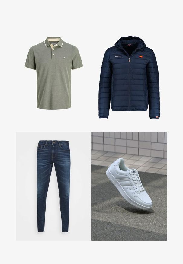 Tamsiai mėlynas pūkinis švarkas su gobtuvu, užtrauktuku, kanalų siuvimu ir logotipo akcentais krūtinėje bei rankovėje. Minkšta, tekstūruota medžiaga.; Žalias polo marškinėliai su tekstūruota medžiaga, turintys apykaklę su kreminiu apvadu, dviem mygtukais ir mažu logotipu ant krūtinės.; Tamsiai mėlynos džinsinės kelnės su liesu siluetu, subtiliu nusidėvėjimu, penkiomis kišenėmis ir metaliniu mygtuku užsegimui. Įsiūtos akcentai kontrastinga spalva.; Baltos sportinės kedai su lygaus odos viršumi, raišteliais priekyje, perforuotu kojų pirštu ir raštuotu padu. Minimalistinis dizainas su trimis šoninėmis juostelėmis.