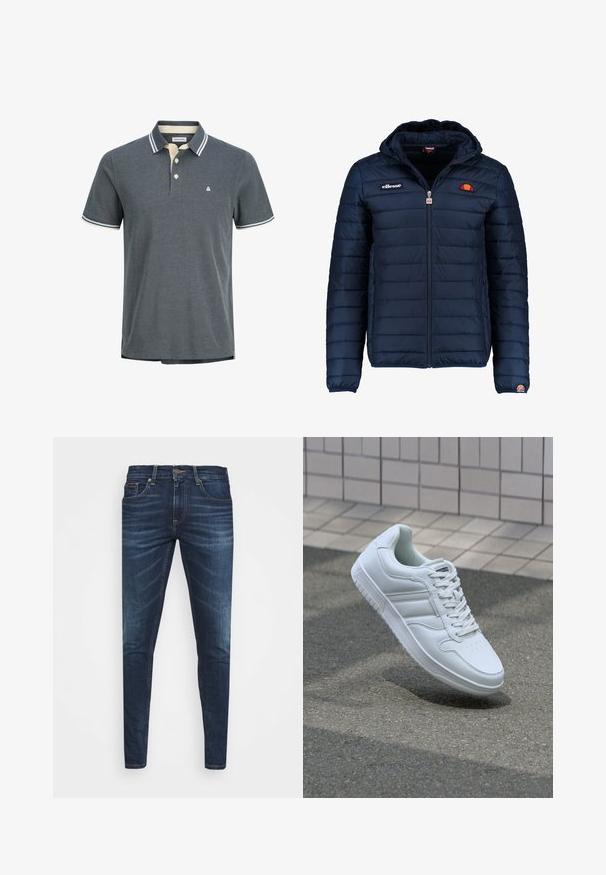 Námornícky modrá prešívaná bunda s kapucňou, zipsom, kanálovým prešívaním a logovými akcentmi na hrudi a rukáve. Mäkkučká, textúrovaná tkanina.; Pánska polo košeľa v tmavosivej farbe s textúrovanou väzbou. Obsahuje krémový golier s námorníckymi pruhmi a trojbuttonový zapínací systém. Malé logo na hrudi.; Tmavomodré džíny s úzkym strihom, jemným opotrebovaním, piatimi vreckami a kovovým zapínaním. Šité akcenty v kontrastnej farbe.; Biele atletické tenisky s hladkým koženým zvrškom, šnurovaním vpredu, perforovanou špičkou a vzorovanou podrážkou. Minimalistický dizajn s tromi bočnými pruhmi.