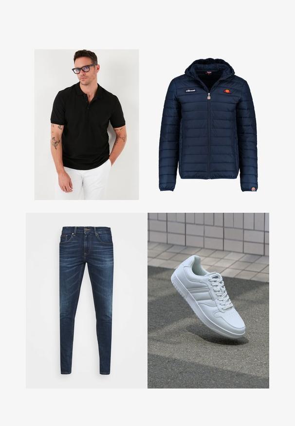 Námornícky modrá prešívaná bunda s kapucňou, zipsom, kanálovým prešívaním a logovými akcentmi na hrudi a rukáve. Mäkkučká, textúrovaná tkanina.; Čierne polo tričko s trojradovým gombíkom, krátke rukávy, vyrobené z hladkej látky. Zobrazuje viditeľné tetovania na ramene.; Tmavomodré džíny s úzkym strihom, jemným opotrebovaním, piatimi vreckami a kovovým zapínaním. Šité akcenty v kontrastnej farbe.; Biele atletické tenisky s hladkým koženým zvrškom, šnurovaním vpredu, perforovanou špičkou a vzorovanou podrážkou. Minimalistický dizajn s tromi bočnými pruhmi.