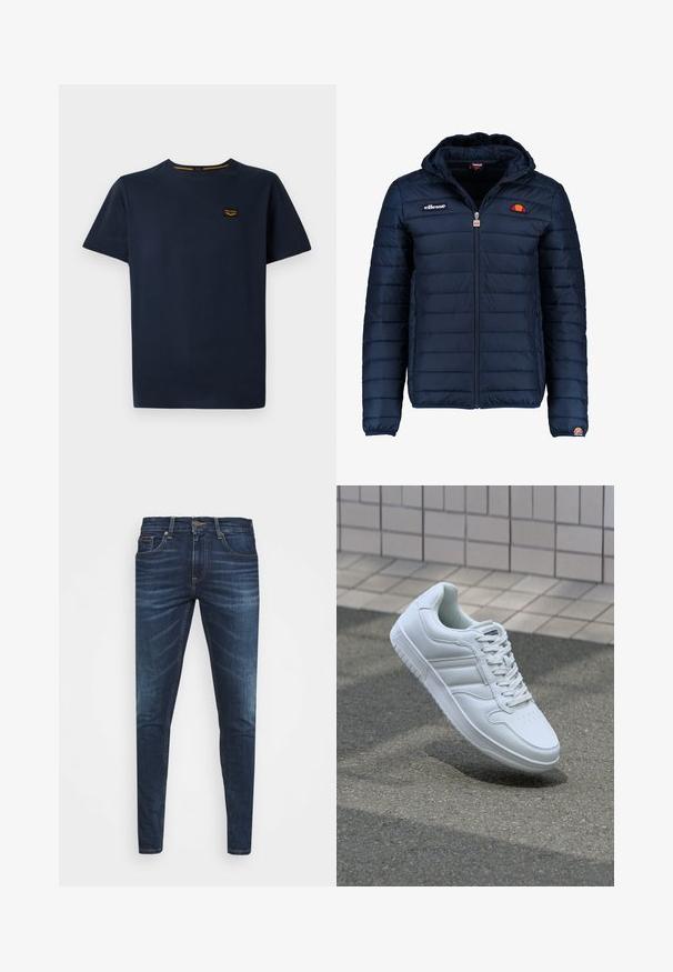 Marineblauwe gewatteerde jas met een capuchon, ritsluiting, kanalenstiksel en logoaccenten op de borst en mouw. Zachte, gestructureerde stof.; Navyblauwe katoenen t-shirt met korte mouwen, ronde hals en een klein merkembleem op de bovenste linkerkant.; Donkerblauwe denim jeans met een slim fit, subtiele vervaging, vijf zakken en een metalen knoopsluiting. Gestikte accenten in contrasterende kleur.; Witte sportsneaker met een glad leren bovenwerk, vetersluiting aan de voorkant, geperforeerde neus en een geprofileerde zool. Minimalistisch ontwerp met drie zijstrepen.