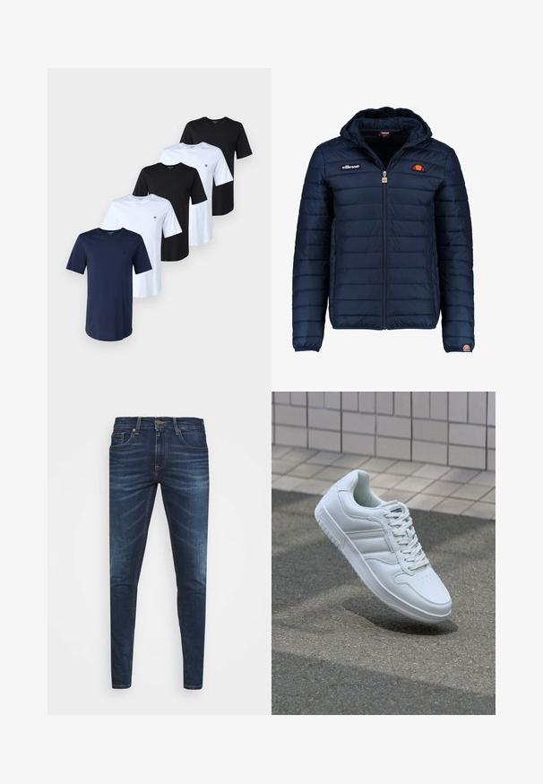 Mørkeblå puffjakke med hætte, lynlåslukning, kanalstyret syning og logo-detaljer på brystet og ærmet. Blødt, struktureret stof.; Fem T-shirts i marineblå, sort og hvid bomuld. Hver har en rund halsudskæring og korte ærmer. Et lille logo vises på venstre bryst på hver.; Mørkeblå denim jeans med slim fit, subtil falming, fem lommer og metalknaplukning. Syede detaljer i kontrastfarve.; Hvide atletiske sneakers med glat læderoverdel, snørelukning foran, perforeret tå og mønstret sål. Minimalistisk design med tre sidelister.
