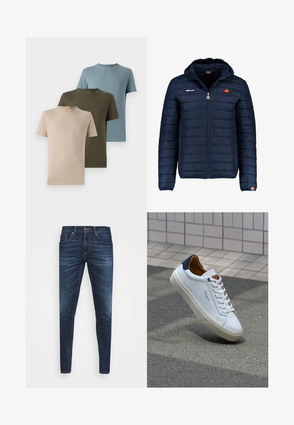 Jachetă puffer de culoare bleumarin, cu glugă, închidere cu fermoar, cusături în canale și detalii cu logo pe piept și pe mânecă. Material moale, texturat.; Trei tricouri cu mâneci scurte, de culoare bej, verde măsliniu și albastru deschis, fabricate dintr-un material moale, cu decolteu rotund și un design simplu.; Jeans din denim de culoare albastră închisă, cu o croială slim, ușor decolorate, cinci buzunare și închidere cu buton metalic. Detalii cusute în culori contrastante.; Adidași din piele albă cu călcâi bleumarin, vârf rotund și accente contrastante de culoare maro. Dispun de șireturi plate și talpă din cauciuc texturat.