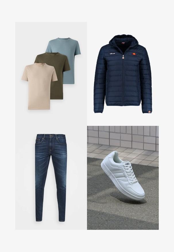 Mørkeblå puffjakke med hætte, lynlåslukning, kanalstyret syning og logo-detaljer på brystet og ærmet. Blødt, struktureret stof.; Tre kortærmede t-shirts i beige, olivengrøn og lyseblå, lavet af blødt stof med rund hals og et enkelt design.; Mørkeblå denim jeans med slim fit, subtil falming, fem lommer og metalknaplukning. Syede detaljer i kontrastfarve.; Hvide atletiske sneakers med glat læderoverdel, snørelukning foran, perforeret tå og mønstret sål. Minimalistisk design med tre sidelister.