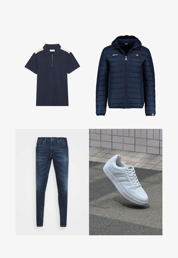 Casaco puffer azul marinho com capuz, fecho de correr, costura em canais e detalhes do logo no peito e na manga. Tecido macio e texturizado.; Polo azul-marinho de manga curta com painéis brancos nos ombros e fecho de zíper de um quarto em um tecido texturizado.; Jeans de ganga azul escura com um corte slim, desbotamento suave, cinco bolsos e fecho com botão de metal. Detalhes costurados em cor contrastante.; Sapatilha desportiva branca com parte superior em couro liso, frente com atacadores, bico perfurado e sola padronizada. Design minimalista com três riscas laterais.