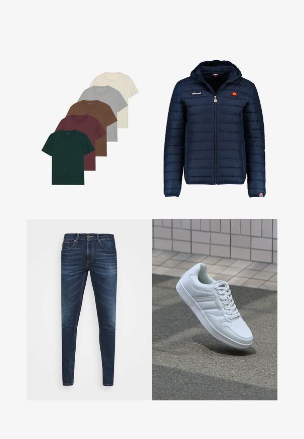 Marineblå puffjakke med hette, glidelås, kanalsøm og logoaksenter på brystet og ermet. Mykt, teksturert stoff.; Fem crewneck t-skjorter i forskjellige farger: mørkegrønn, burgunder, brun, lys grå og krem; alle har korte ermer og en jevn tekstur.; Mørkeblå denimjeans med smal passform, subtil falming, fem lommer og metallknaplukking. Sømmer i kontrastfarge.; Hvit atletisk sneaker med glatt skinnoverside, snøring foran, perforert tå og mønstrets såle. Minimalistisk design med tre side-striper.