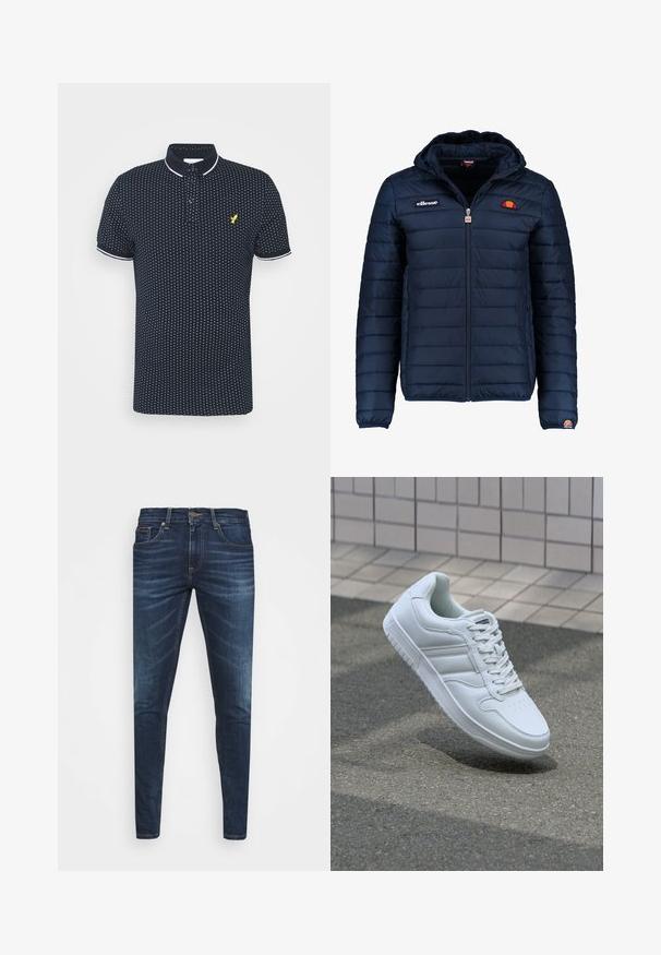 Marineblå puffjakke med hette, glidelås, kanalsøm og logoaksenter på brystet og ermet. Mykt, teksturert stoff.; Marineblå polo med små hvite prikkemønster, kort ermer, hvite detaljer på kragen og mansjettene, samt en gul logo på brystet.; Mørkeblå denimjeans med smal passform, subtil falming, fem lommer og metallknaplukking. Sømmer i kontrastfarge.; Hvit atletisk sneaker med glatt skinnoverside, snøring foran, perforert tå og mønstrets såle. Minimalistisk design med tre side-striper.
