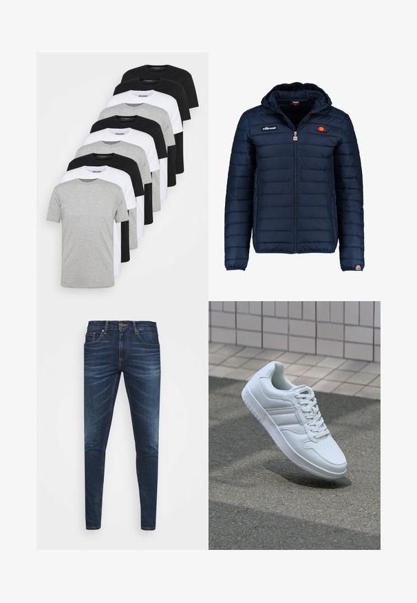 Námořnická modrá péřová bunda s kapucí, zipovým zapínáním, prošívaným vzorem a logem na hrudi a rukávu. Měkká, texturovaná látka.; Denim Project 10 PACK - Jednoduché tričko - black/white/light grey melange; Tmavě modré džíny z denimu s úzkým střihem, jemným vyblednutím, pěti kapsami a kovovým zapínáním na knoflík. Šité akcenty v kontrastní barvě.; Bílé sportovní tenisky s hladkým koženým svrškem, šněrovacím předním dílem, perforovanou špičkou a vzorovanou podrážkou. Minimalistický design se třemi bočními pruhy.
