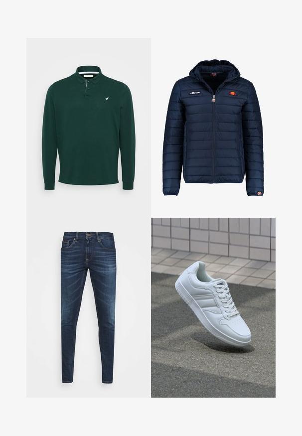 Casaco puffer azul marinho com capuz, fecho de correr, costura em canais e detalhes do logo no peito e na manga. Tecido macio e texturizado.; Camisa polo de manga longa em algodão verde escuro, com um logo branco no peito, pala com dois botões e punhos em canelado.; Jeans de ganga azul escura com um corte slim, desbotamento suave, cinco bolsos e fecho com botão de metal. Detalhes costurados em cor contrastante.; Sapatilha desportiva branca com parte superior em couro liso, frente com atacadores, bico perfurado e sola padronizada. Design minimalista com três riscas laterais.