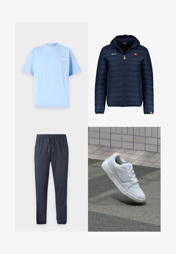 Námořnická modrá péřová bunda s kapucí, zipovým zapínáním, prošívaným vzorem a logem na hrudi a rukávu. Měkká, texturovaná látka.; Světle modré bavlněné tričko s krátkými rukávy, kulatým výstřihem a bílým textem "LES CLASSIQUES" potisknutým na přední straně. Hladká textura, volný střih.; Námořnické zúžené jogger kalhoty s elastickým pasem, stahovací šňůrkou a elastickými manžetami, vyrobené z hladkého, lehkého materiálu.; Bílé kožené tenisky s perforovanými stranami, texturovanými detaily, plochými tkaničkami a kontrastní šedou patou. Mají mírně zvýšenou podrážku.