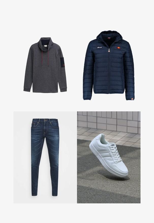 Dunkelblaue Daunenjacke mit Kapuze, Reißverschluss, Kastensteppnähten und Logo-Akzenten auf der Brust und dem Ärmel. Weicher, strukturierter Stoff.; Grauer Langarm-Pullover mit hohem Kragen, Kordelzügen und einem marineblauen Patch am linken Ärmel, auf dem roter Text steht. Hergestellt aus einem weichen, strukturierten Stoff.; Dunkelblaue Jeans im Slim Fit mit subtiler Verwaschung, fünf Taschen und einem Metallknopfverschluss. Genähte Akzente in kontrastierender Farbe.; Weiße sportliche Sneaker mit Obermaterial aus glattem Leder, Schnürfront, durchlöchtem Zehenbereich und gemusterter Sohle. Minimalistisches Design mit drei Seitenstreifen.