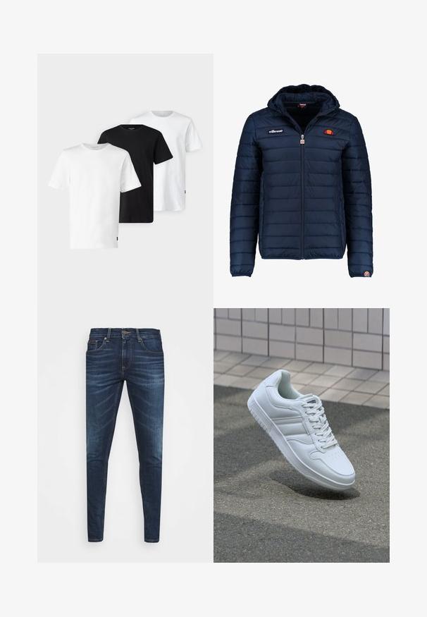 Navy blue puffer jacket with a hood, zip closure, channel stitching, and logo accents on the chest and sleeve. Soft, textured fabric.; Three T-shirts in white, black, and white, featuring short sleeves, a crew neck design, and made from soft, breathable cotton fabric.; Dark blue denim jeans with a slim fit, subtle fade, five pockets, and a metal button closure. Stitched accents in contrasting color.; White athletic sneaker with smooth leather upper, lace-up front, perforated toe, and patterned sole. Minimalist design with three side stripes.