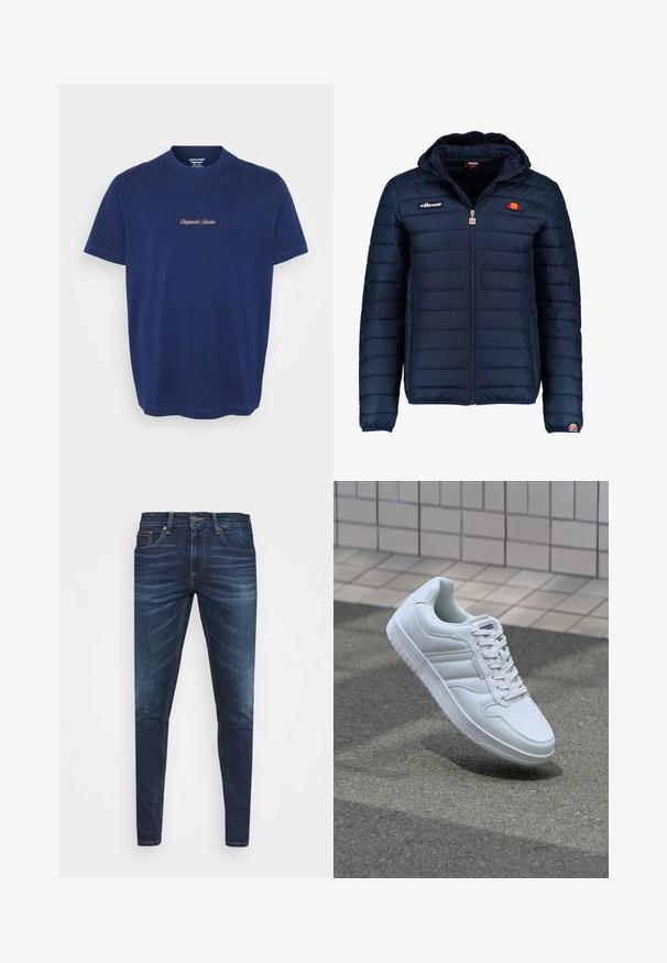 Tums zilā puffer jaka ar kapuci, rāvējslēdzēja aizdare, kanālu šuvēm un logotipa akcentiem uz krūtīm un piedurknēm. Mīksta, teksturēta auduma.; Tums zila kokvilnas T-krekls ar apaļu kakla izgriezumu un īsām piedurknēm; uz krūtīm ar kontrastējošu brūnu pavedienu izšūts uzraksts "Originals Studio".; Tumši zili džinsi ar šauru piegriezumu, ar vieglu izbalēšanu, piecām kabatām un metalizētu pogu aizdari. Šuvju akcenti kontrastējošā krāsā.; Balti sporta apavi ar gludu ādas virsu, sasienamais priekšpuse, perforēts purngals un rakstaina zole. Minimālisma dizains ar trim sānu svītrām.