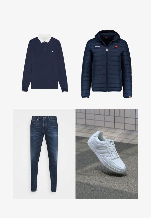 Tamsiai mėlynas pūkinis švarkas su gobtuvu, užtrauktuku, kanalų siuvimu ir logotipo akcentais krūtinėje bei rankovėje. Minkšta, tekstūruota medžiaga.; Tamsiai mėlyna ilgomis rankovėmis polo marškiniai su balta apykakle, trimis mygtukais ir išsiuvinėtu logotipu. Rankogaliai su dryžiais balta ir tamsiai mėlyna spalvomis.; Tamsiai mėlynos džinsinės kelnės su liesu siluetu, subtiliu nusidėvėjimu, penkiomis kišenėmis ir metaliniu mygtuku užsegimui. Įsiūtos akcentai kontrastinga spalva.; Baltos sportinės kedai su lygaus odos viršumi, raišteliais priekyje, perforuotu kojų pirštu ir raštuotu padu. Minimalistinis dizainas su trimis šoninėmis juostelėmis.