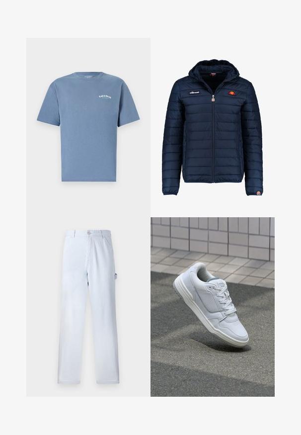 Tums zilā puffer jaka ar kapuci, rāvējslēdzēja aizdare, kanālu šuvēm un logotipa akcentiem uz krūtīm un piedurknēm. Mīksta, teksturēta auduma.; Zila kokvilnas T-krekls ar īsām piedurknēm, apļa kakla izgriezumu un apdrukātu logo kreisajā krūtīs. Maiga tekstūra, brīvs piegriezums.; Gaiši zilu svītru bikses, kas izgatavotas no kokvilnas. Tiešā kāja, ar priekšējo pogu aizdari un sānu kabatām. Mīksta tekstūra.; Baltas ādas sporta apavi ar perforētiem sāniem, teksturētām akcentiem, plakanu šņorēšanu un kontrastējošu pelēku papēdi. Iezīmē nedaudz paaugstinātu zole.
