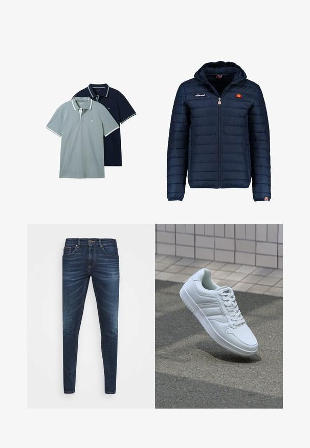 Tengerészkék puffos dzseki kapucnival, cipzáras záródással, csatorna varrással, és logóval díszített mellkassal és ujjakkal. Puha, texturált anyag.; Két polo póló: az egyik világosszürke, a másik tengerészkék. Mindkettő kontrasztos fehér díszítéssel rendelkezik a gallérján és az ujjaiban, finom textúrával.; Sötétkék farmernadrág, testhezálló fazonnal, finom áttűnéssel, öt zsebbel és fémből készült gombzárral. Kontrasztos színű varrási díszítések.; Fehér sportcipő sima bőr felsőrésszel, fűzős elülettel, perforált orral és mintázott talppal. Minimalista dizájn három oldalsávval.