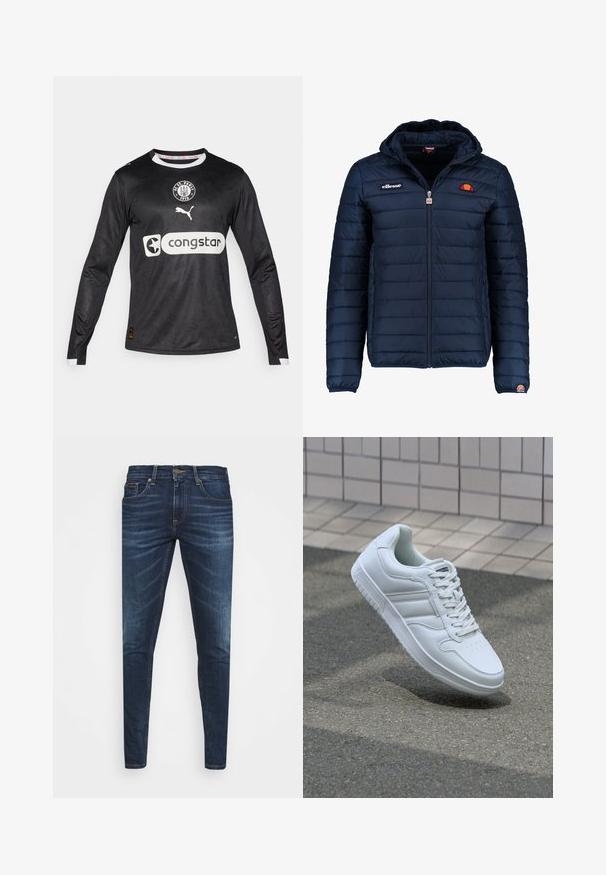 Dunkelblaue Daunenjacke mit Kapuze, Reißverschluss, Kastensteppnähten und Logo-Akzenten auf der Brust und dem Ärmel. Weicher, strukturierter Stoff.; Schwarzes Langarm-Fußballtrikot mit einem subtilen strukturierten Muster, weißem Kragen und Manschetten, ausgestattet mit einem runden Logo und großem Sponsorenaufdruck.; Dunkelblaue Jeans im Slim Fit mit subtiler Verwaschung, fünf Taschen und einem Metallknopfverschluss. Genähte Akzente in kontrastierender Farbe.; Weiße sportliche Sneaker mit Obermaterial aus glattem Leder, Schnürfront, durchlöchtem Zehenbereich und gemusterter Sohle. Minimalistisches Design mit drei Seitenstreifen.