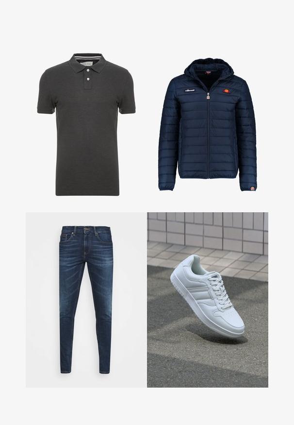 Veste matelassée bleu marine avec capuche, fermeture zippée, coutures en canaux et accents de logo sur la poitrine et la manche. Tissu doux et texturé.; Polo shirt gris foncé à manches courtes, col polo et patte de boutonnage à trois boutons. Présente un détail rayé subtil à l'intérieur du col.; Jean en denim bleu foncé avec une coupe slim, décoloration subtile, cinq poches et une fermeture à bouton en métal. Accents cousus dans une couleur contrastante.; Baskets blanches de sport avec une tige en cuir lisse, un laçage à l'avant, une pointe perforée et une semelle à motifs. Design minimaliste avec trois bandes latérales.