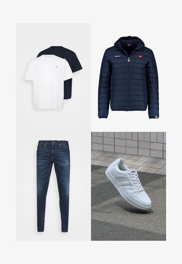 Navy blue puffer jacket with a hood, zip closure, channel stitching, and logo accents on the chest and sleeve. Soft, textured fabric.; Two T-shirts: one white with a small blue logo, one navy with a matching logo. Both are cotton, featuring crew necks and short sleeves.; Dark blue denim jeans with a slim fit, subtle fade, five pockets, and a metal button closure. Stitched accents in contrasting color.; White athletic sneaker with smooth leather upper, lace-up front, perforated toe, and patterned sole. Minimalist design with three side stripes.