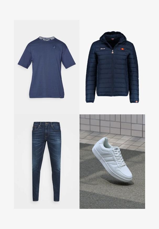 Veste matelassée bleu marine avec capuche, fermeture zippée, coutures en canaux et accents de logo sur la poitrine et la manche. Tissu doux et texturé.; T-shirt en coton bleu marine à manches courtes, doté d'un col rond avec une bande de texte "Just Do It" et d'un logo brodé sur la poitrine.; Jean en denim bleu foncé avec une coupe slim, décoloration subtile, cinq poches et une fermeture à bouton en métal. Accents cousus dans une couleur contrastante.; Baskets blanches de sport avec une tige en cuir lisse, un laçage à l'avant, une pointe perforée et une semelle à motifs. Design minimaliste avec trois bandes latérales.