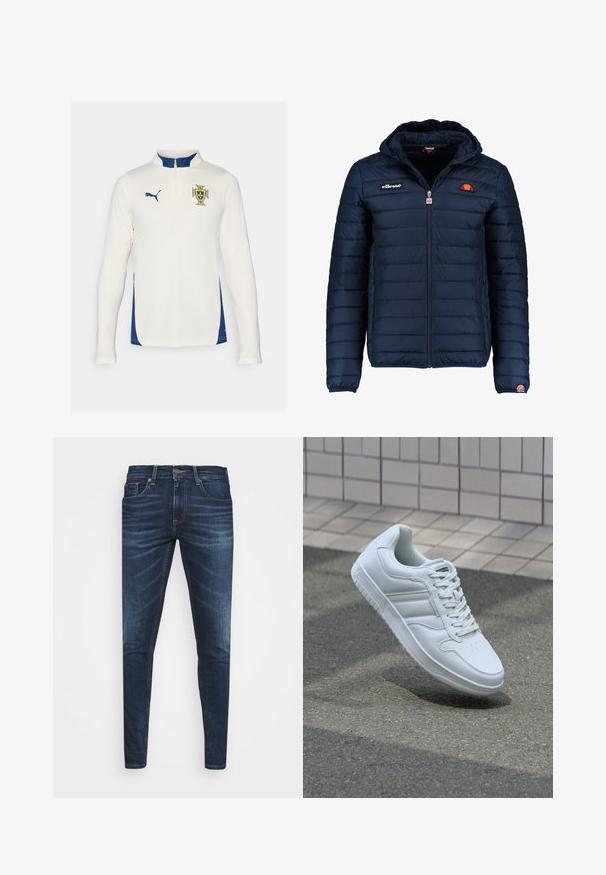 Tengerészkék puffos dzseki kapucnival, cipzáras záródással, csatorna varrással, és logóval díszített mellkassal és ujjakkal. Puha, texturált anyag.; Krém színű Puma hosszú ujjú meze kék oldalsó panelekkel. Fél cipzáros gallérral és hímzett jelvénnyel a mellkason. Texturált anyag.; Sötétkék farmernadrág, testhezálló fazonnal, finom áttűnéssel, öt zsebbel és fémből készült gombzárral. Kontrasztos színű varrási díszítések.; Fehér sportcipő sima bőr felsőrésszel, fűzős elülettel, perforált orral és mintázott talppal. Minimalista dizájn három oldalsávval.