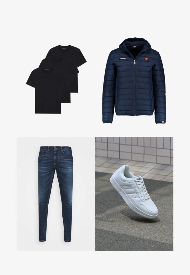 Tamsiai mėlynas pūkinis švarkas su gobtuvu, užtrauktuku, kanalų siuvimu ir logotipo akcentais krūtinėje bei rankovėje. Minkšta, tekstūruota medžiaga.; Trys juodi medvilniniai marškiniai su apvalia iškirpte, trumpomis rankovėmis ir paprastu dizainu. Kiekvienas marškinys turi matomą logotipą šalia iškirptės.; Tamsiai mėlynos džinsinės kelnės su liesu siluetu, subtiliu nusidėvėjimu, penkiomis kišenėmis ir metaliniu mygtuku užsegimui. Įsiūtos akcentai kontrastinga spalva.; Baltos sportinės kedai su lygaus odos viršumi, raišteliais priekyje, perforuotu kojų pirštu ir raštuotu padu. Minimalistinis dizainas su trimis šoninėmis juostelėmis.