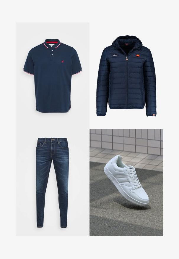 Marineblå puffjakke med hette, glidelås, kanalsøm og logoaksenter på brystet og ermet. Mykt, teksturert stoff.; Marineblå polo skjorte laget av bomull, med en treknappers placket, rød og hvit stripete krage, og en liten rød logo på brystet.; Mørkeblå denimjeans med smal passform, subtil falming, fem lommer og metallknaplukking. Sømmer i kontrastfarge.; Hvit atletisk sneaker med glatt skinnoverside, snøring foran, perforert tå og mønstrets såle. Minimalistisk design med tre side-striper.