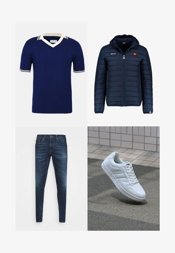 Marineblå puffjakke med hette, glidelås, kanalsøm og logoaksenter på brystet og ermet. Mykt, teksturert stoff.; Marineblå strikket rugbytrøye med V-hals og korte ermer. Har hvit krage og stripe-detaljer på ermene, med vertikal ribbing.; Mørkeblå denimjeans med smal passform, subtil falming, fem lommer og metallknaplukking. Sømmer i kontrastfarge.; Hvit atletisk sneaker med glatt skinnoverside, snøring foran, perforert tå og mønstrets såle. Minimalistisk design med tre side-striper.