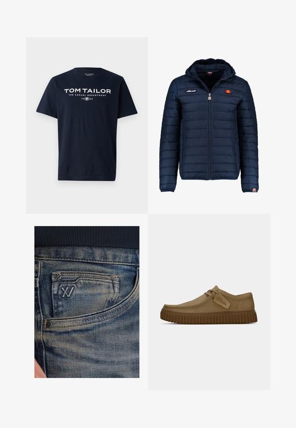 Marineblauwe gewatteerde jas met een capuchon, ritsluiting, kanalenstiksel en logoaccenten op de borst en mouw. Zachte, gestructureerde stof.; Marineblauwe katoenen T-shirt met vet witte tekst: "TOM TAILOR THE CASUAL DEPARTMENT 1962." Korte mouwen en ronde halsontwerp.; Blauwe spijkerbroek met een vervaagde textuur, voorzien van een muntzakje en een zwart logo-accent aan de voorkant. De tailleband is gemaakt van donkerblauw geribd stof.; Lichtbruine suède schoenen met een ronde neus, gestikte details en een geribbeld bruine rubberen zool. Bevat een zijlabel met het "Clarks" logo.