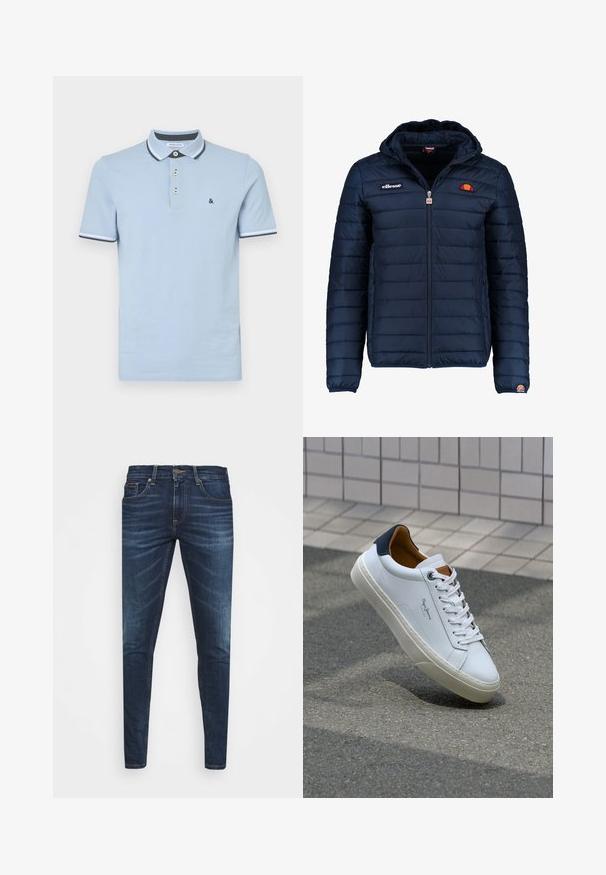 Námořnická modrá péřová bunda s kapucí, zipovým zapínáním, prošívaným vzorem a logem na hrudi a rukávu. Měkká, texturovaná látka.; Světle modrá polo košile vyrobená z bavlny, s tříknoflíkovou légou, kontrastním límcem a žebrovanými manžetami s tmavě modrými akcenty.; Tmavě modré džíny z denimu s úzkým střihem, jemným vyblednutím, pěti kapsami a kovovým zapínáním na knoflík. Šité akcenty v kontrastní barvě.; Bílé kožené tenisky s námořnickým podpatkem, kulatou špičkou a kontrastními hnědými detaily. Obsahují ploché tkaničky a texturovanou gumovou podrážku.