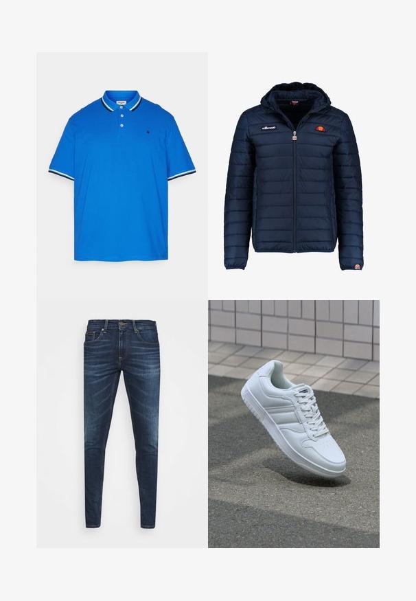 Temno modra napihnjena jakna s kapuco, z zadrgo, kanalnim šivom in logotipom na prsih in rokavu. Mehka, teksturirana tkanina.; Jack & Jones JJEPAULOS SS NOOS PLS - Polo majica - nautical blue; Temno modri kavbojke ozkega kroja, s subtilnim bledenjem, petimi žepi in kovinskim zapiranjem na gumb. Oštrikanje z akcenti v kontrastni barvi.; Bela atletska teniska obutev z gladkim usnjenim zgornjim delom, vezanjem spredaj, perforiranim prstom in vzorčastim podplatom. Minimalistična zasnova s tremi stranskimi črtami.