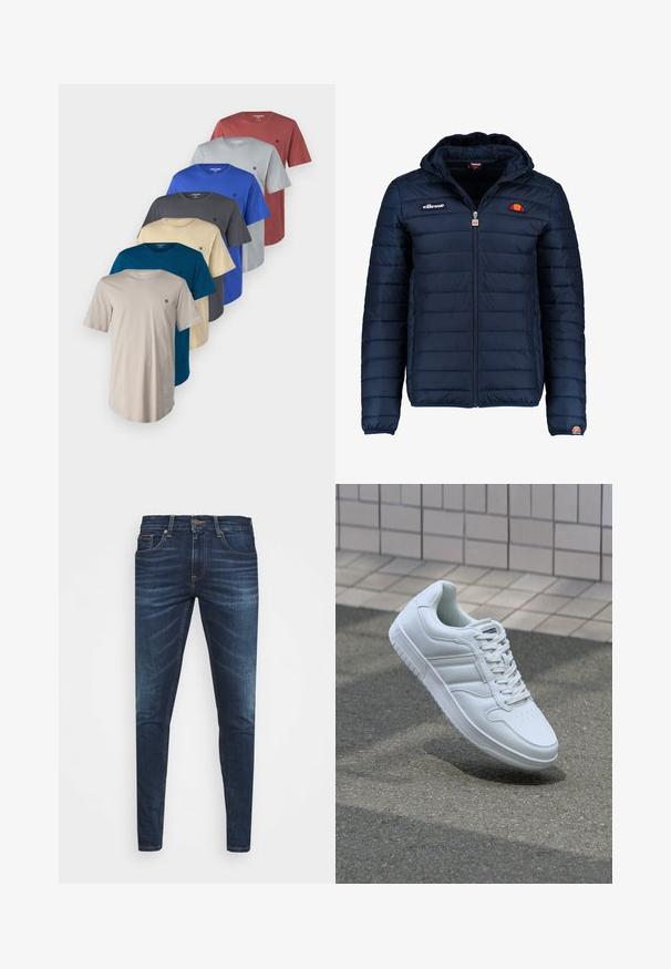 Jachetă puffer de culoare bleumarin, cu glugă, închidere cu fermoar, cusături în canale și detalii cu logo pe piept și pe mânecă. Material moale, texturat.; Jack & Jones JPRBLABRODY TEE 7 PACK - Tricou basic - royal blue/black/beige/grey/dark red; Jeans din denim de culoare albastră închisă, cu o croială slim, ușor decolorate, cinci buzunare și închidere cu buton metalic. Detalii cusute în culori contrastante.; Adidași albi pentru sport cu superior din piele netedă, sistem de șireturi în față, vârf perforat și talpă cu model. Design minimalist cu trei dungi laterale.